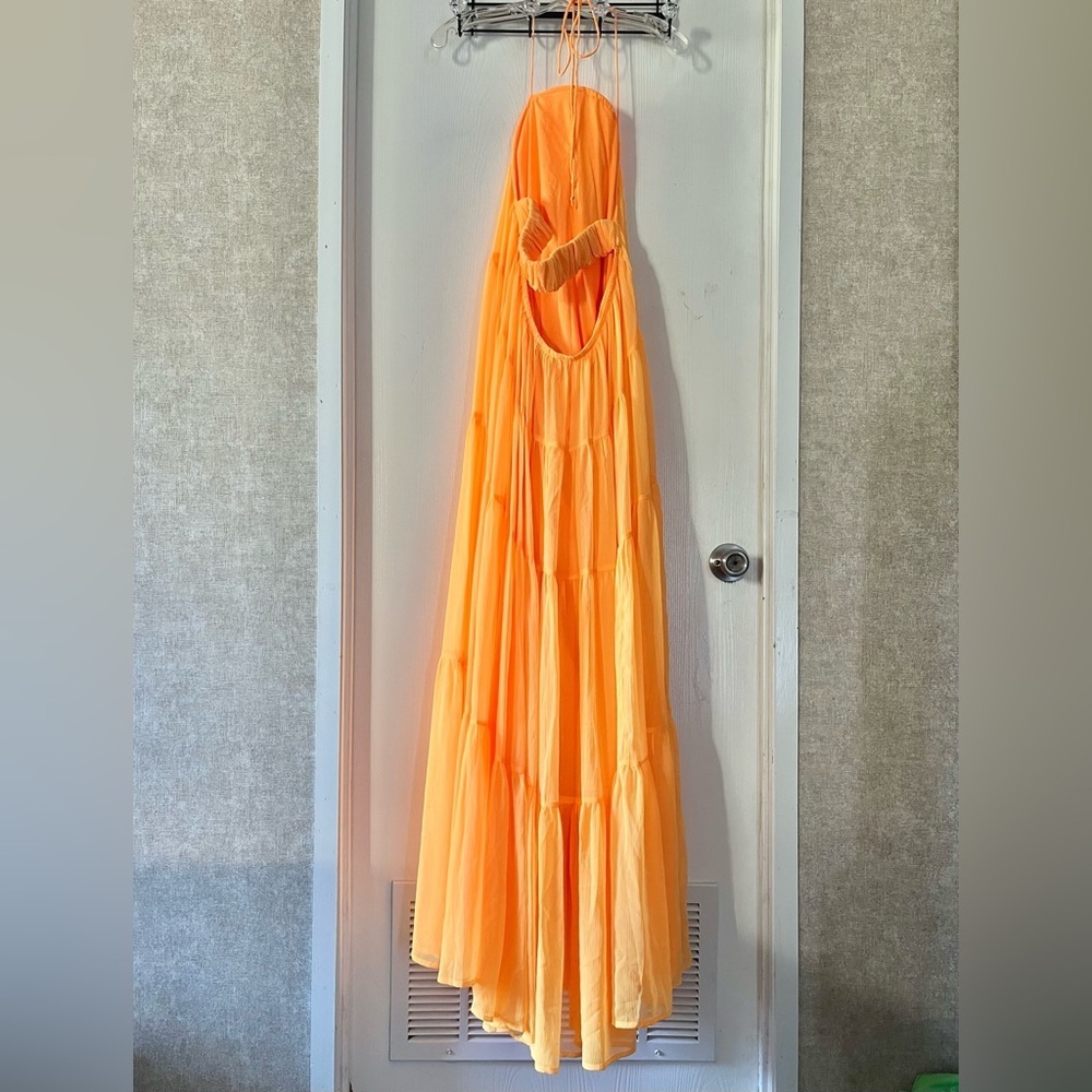 ASOS Bright Orange Sheer Over Slip Halter Maxi Dress - Picture 5 of 11